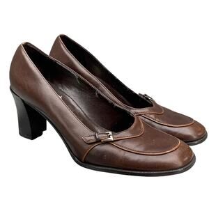 Franco Sarto Brown Leather Buckle Loafer 3" Heel Slip On Dressy Show Women 9